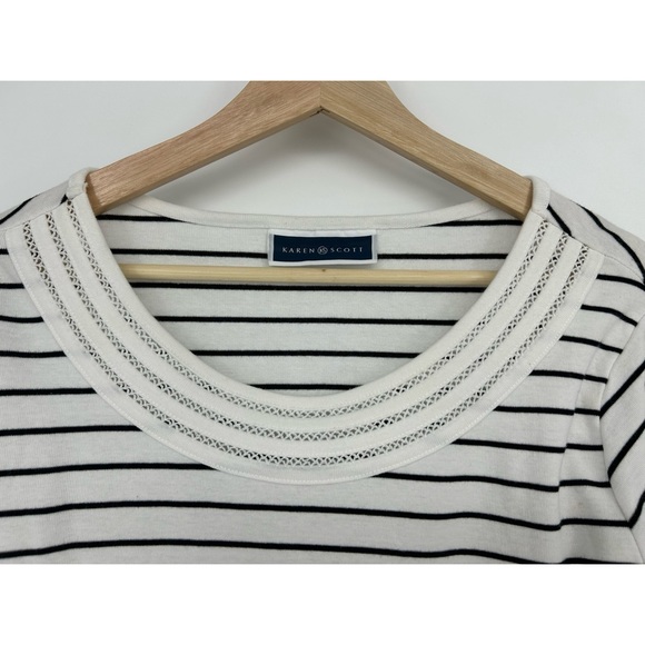 Karen Scott Lattice-Neck Black White Stripe 3/4 Sleeve Top - Picture 5 of 5